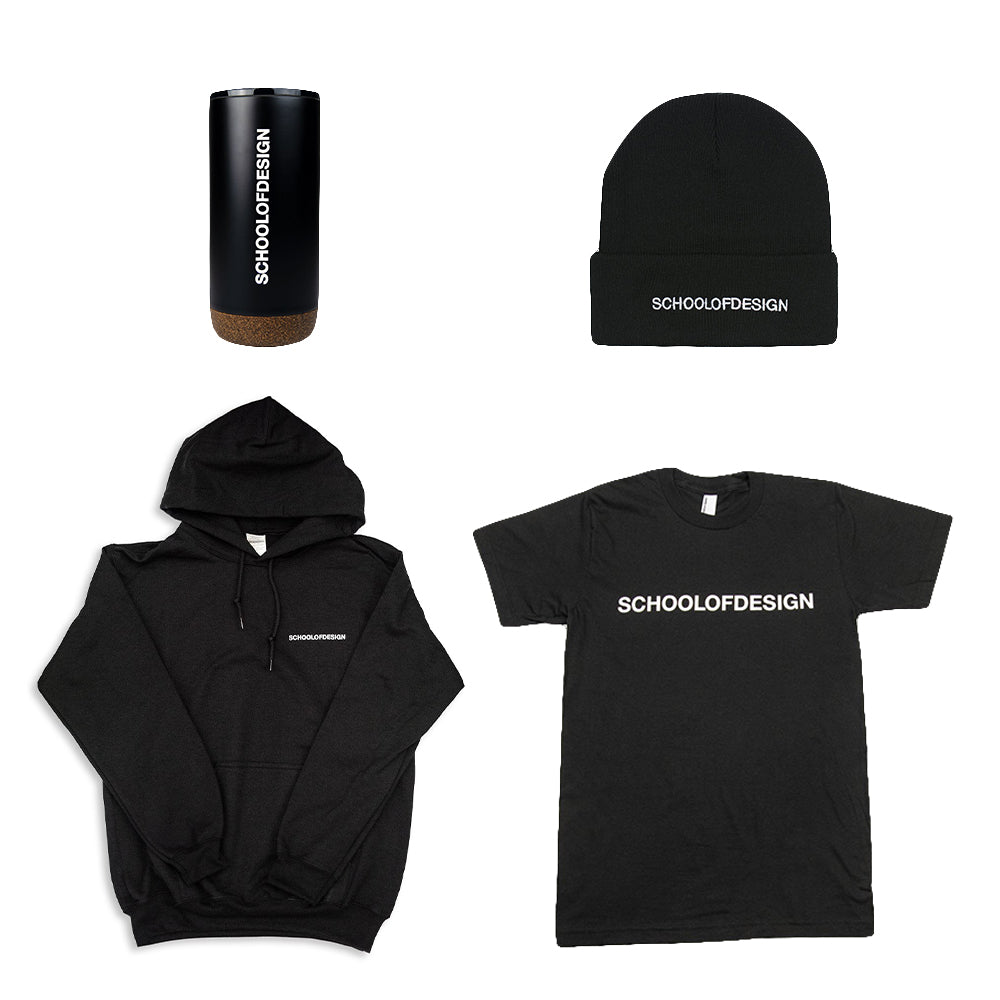 bundle of a black water bottle with school of design text in white, black toque with embroidered school of design text in white, black pullover hoodie and cotton t shirt, both with school of design text in white