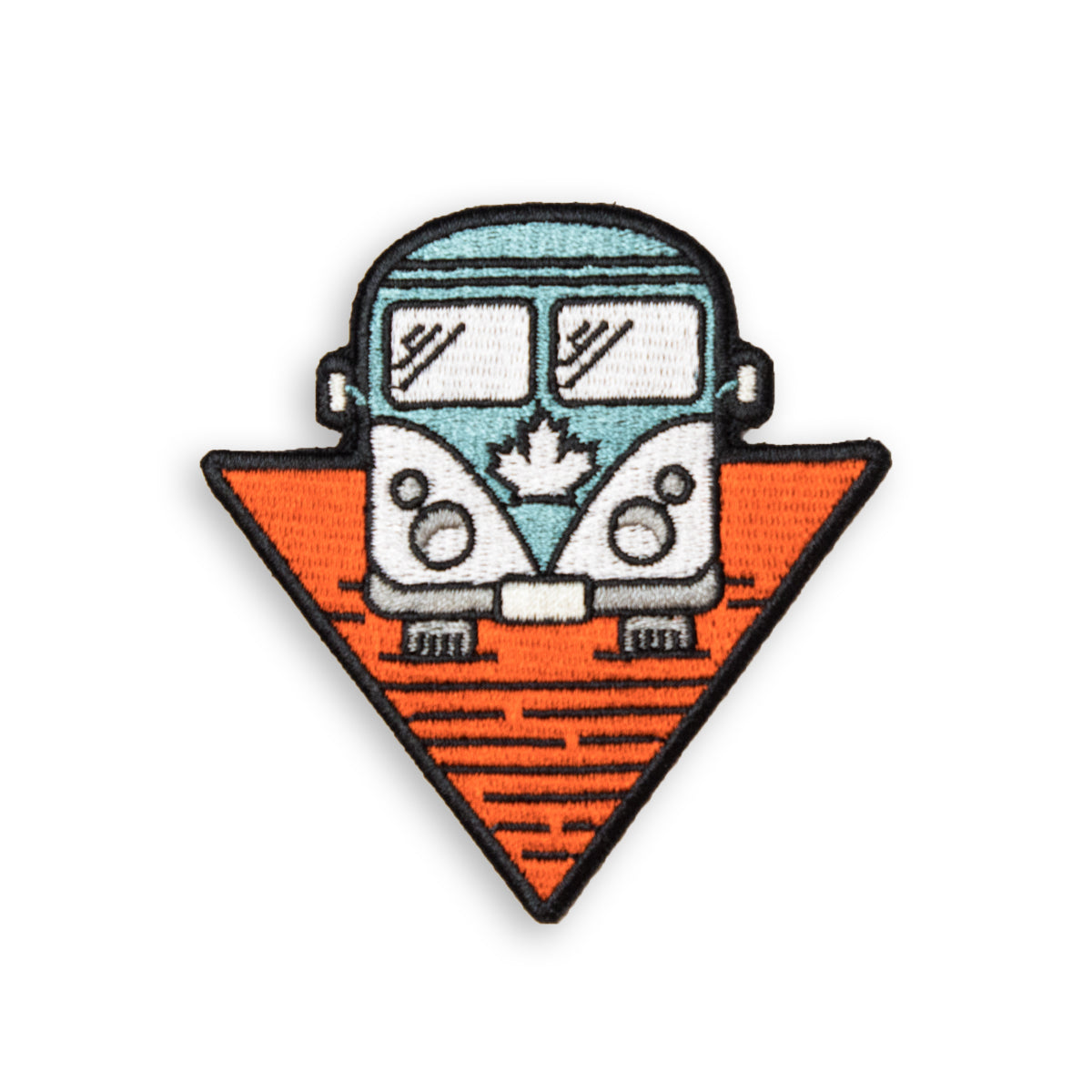 3" x 3" embroidered road trippin patch showcasing a volkswagen type van