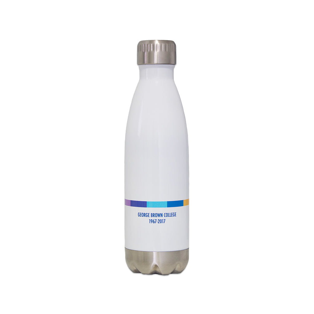 white stainless steel 17oz water bottle with george brown college colour bar and branding wrapped around the bottle