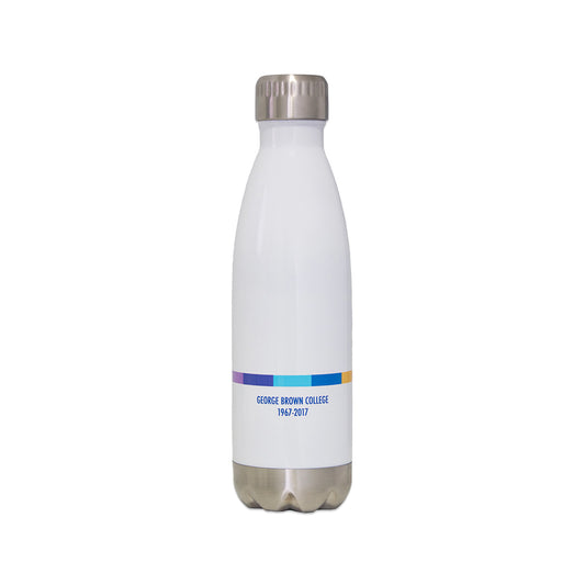 white stainless steel 17oz water bottle with george brown college colour bar and branding wrapped around the bottle