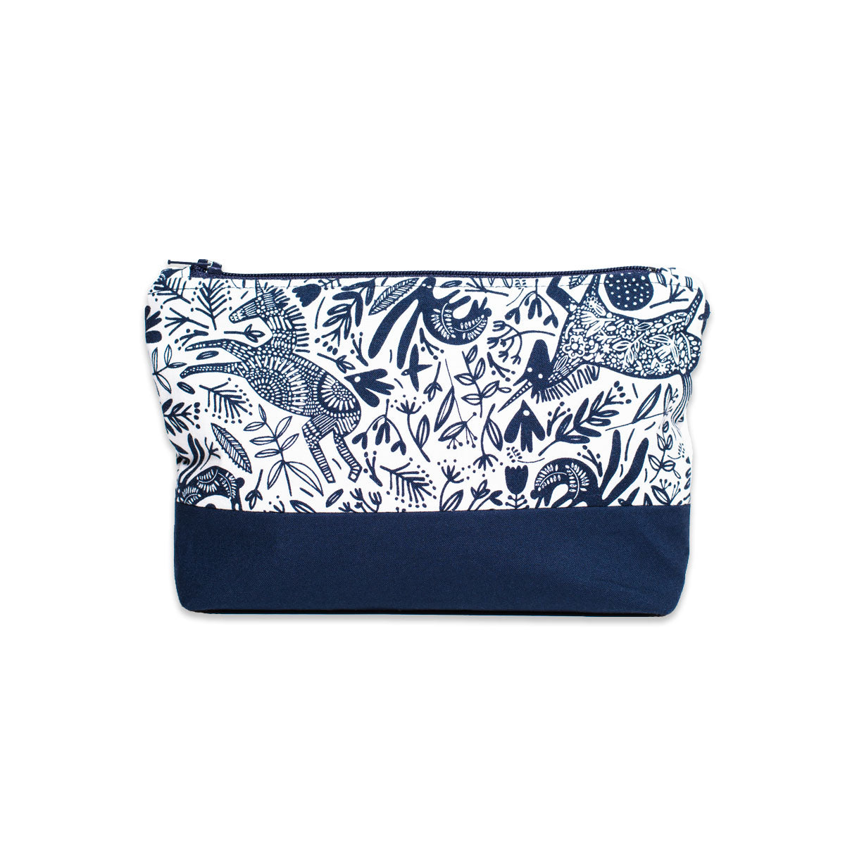 100% cotton navy and blue zip featuring whimsical forest illustration pattern 