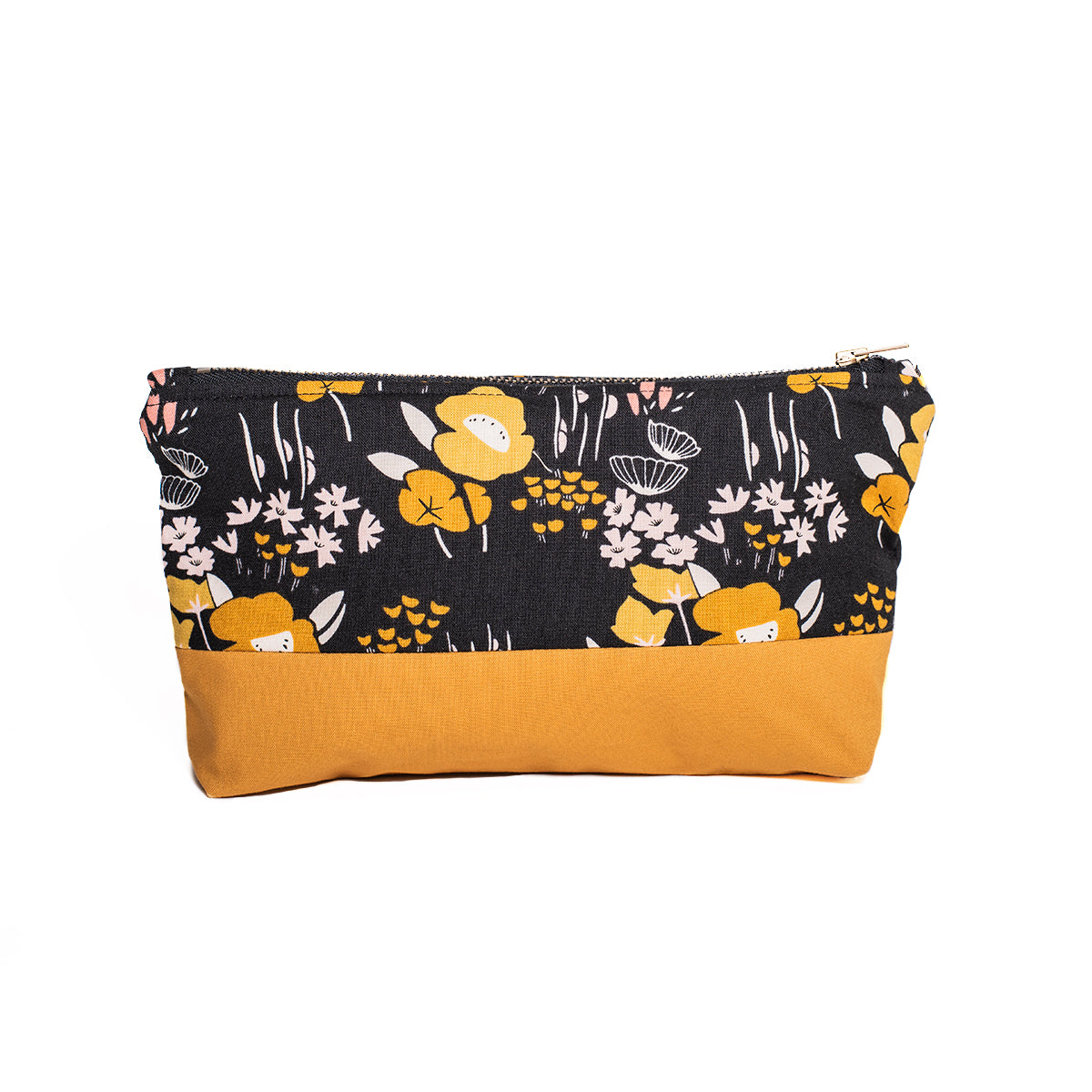 100% cotton zip case in black and yellow colour block featuring illustration pattern of white and yellow wild flowers
