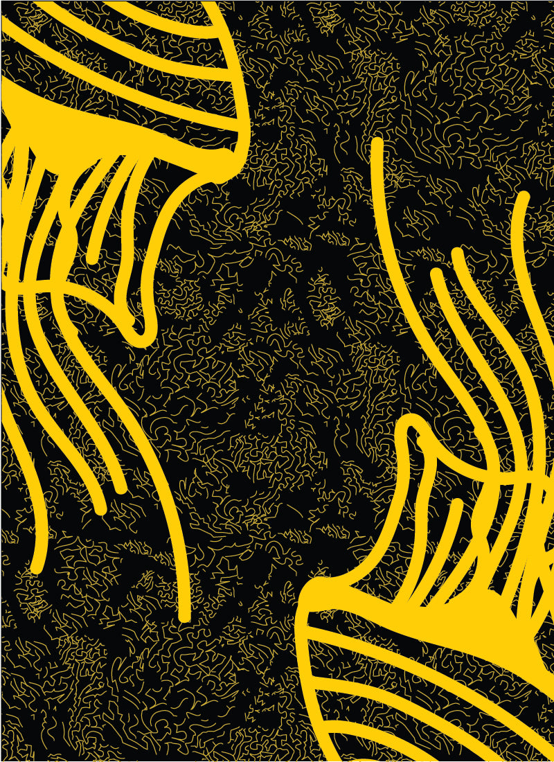 18" x 24" poster featuring two large illustrations of a jellyfish on each corner and various yellow lines on a black background, 1" white border