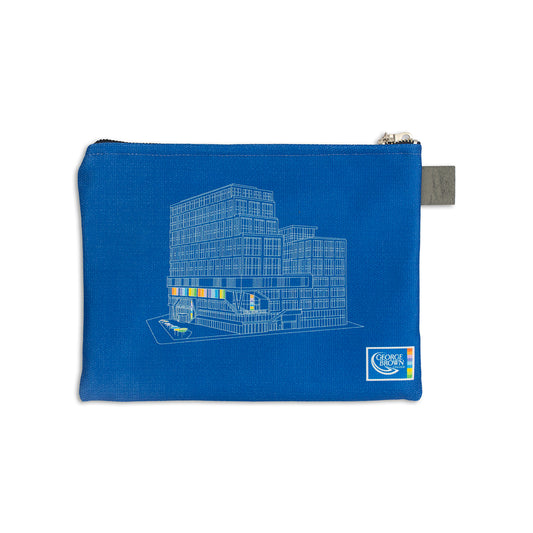 10" x 7.5" blue canvas zip pouch with george brown daniels building illustration on front in white