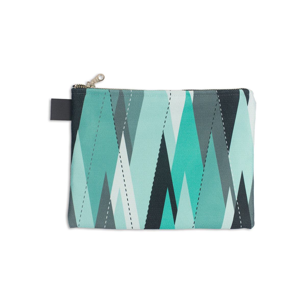 10.5 x 8" zip pouch with abstract triangle pattern in shades of green resembling trees