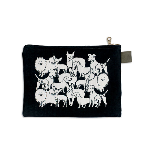 black zip case with mixed dog illustration pattern in white
