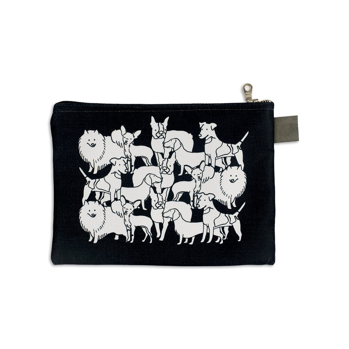 black zip case with various illustrations of different dog breeds mixed together in white
