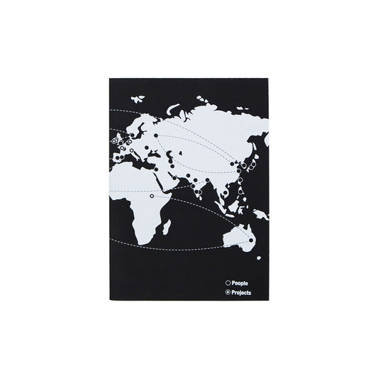 5" x 7" soft cover black notebook featuring white map illustration with lines and dots representing locations - institute of boundaries