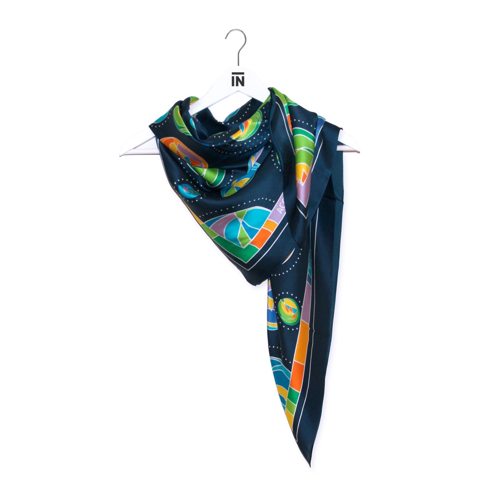 40" x 40" 100% silk George Brown College navy scarf with various shapes and patterns in yellow, green, orange, purple and blue